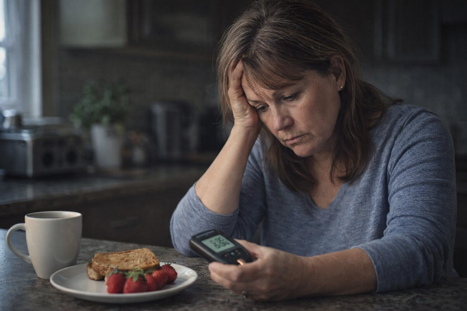 A woman in her sixties at the kitchen table, hand on her forehead, looking at a glucose meter next to her breakfast