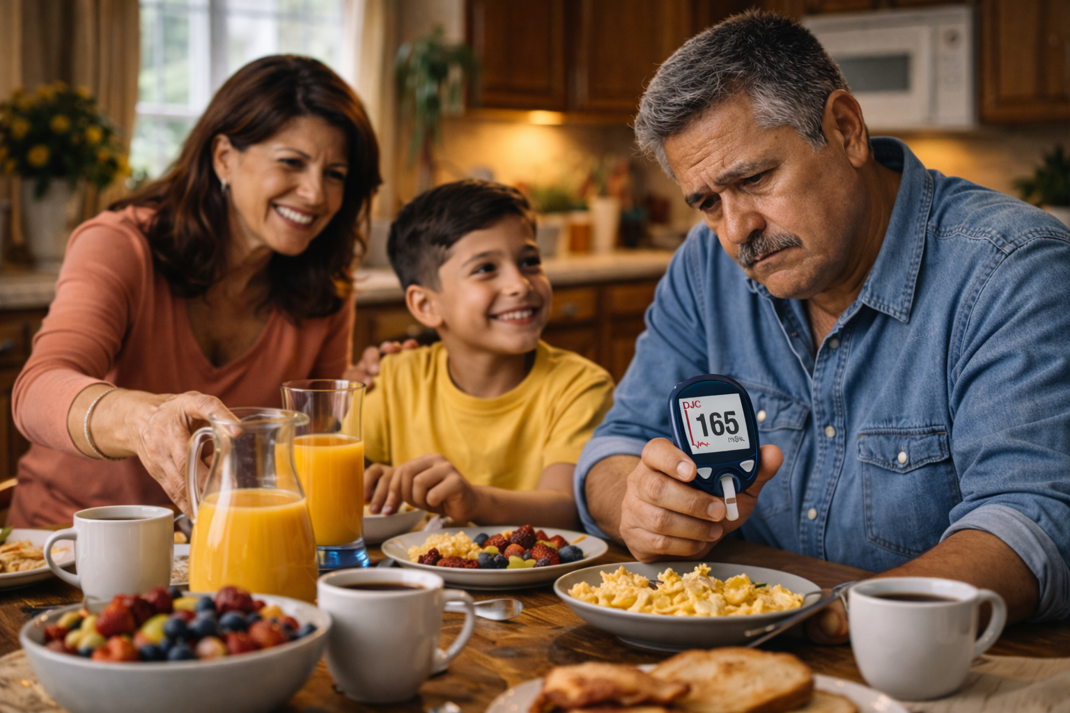 A grandfather checking his blood sugar meter at a family breakfast table