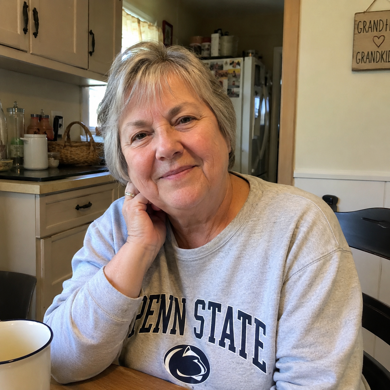 A woman in her sixties at her kitchen table