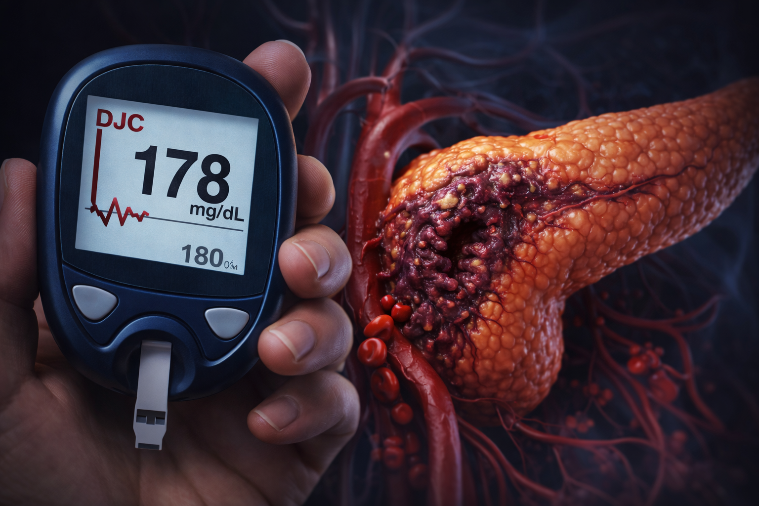 A blood sugar meter beside an illustration of the pancreas