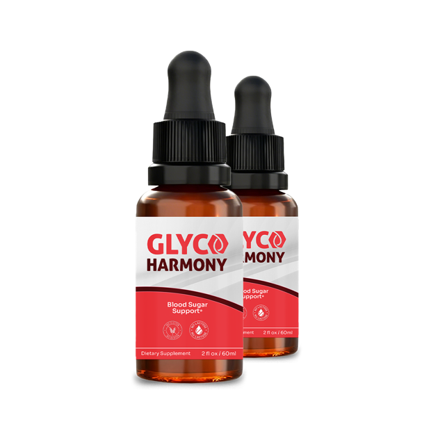 Two amber dropper bottles of Glyco Harmony